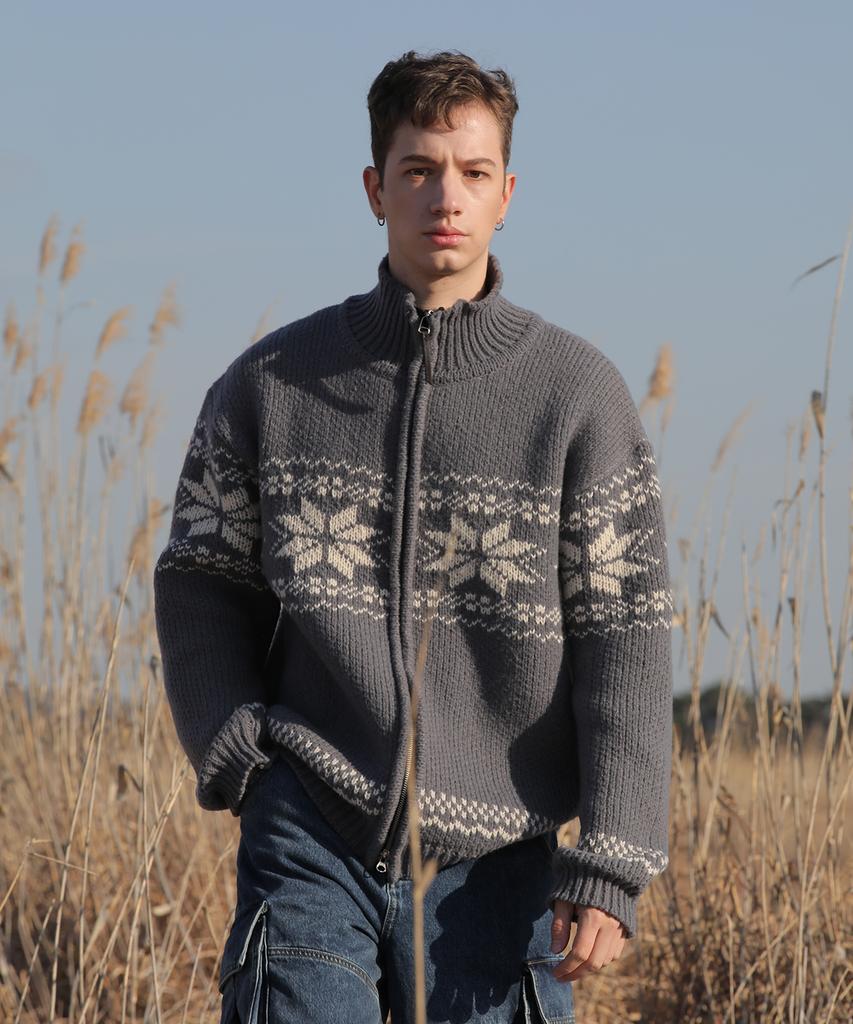Fake Camper Snowflake Jacquard Nordic Knit Zip-Up [Grey]