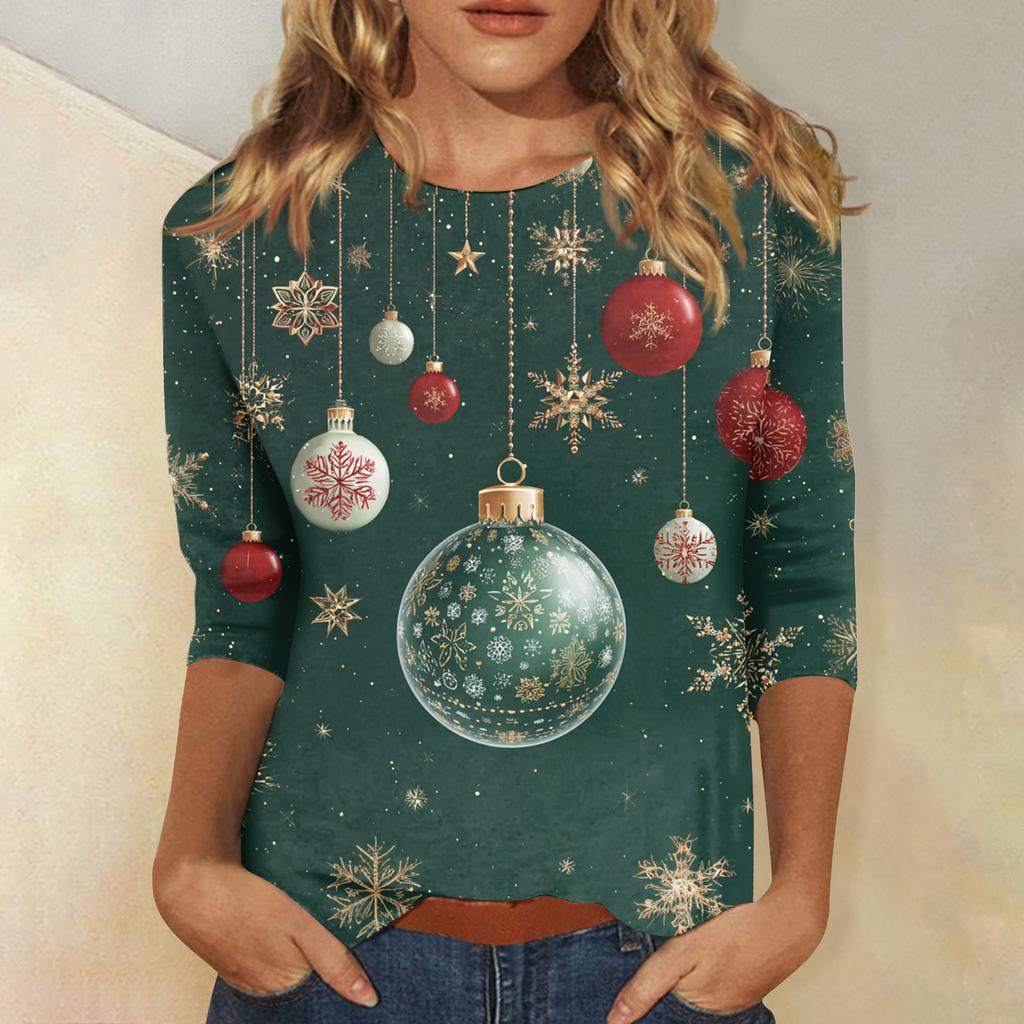 Damebluser Trekvart ermet skjorte V-hals Løs fritidsskjorte Trykk T-skjorte