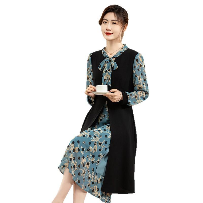 Elegant Floral Ruffle Collar Midi Dress - Long-Sleeve, Fake Two-Piece, Plus Size, Spring/Autumn Fashion for Middle-Aged Women