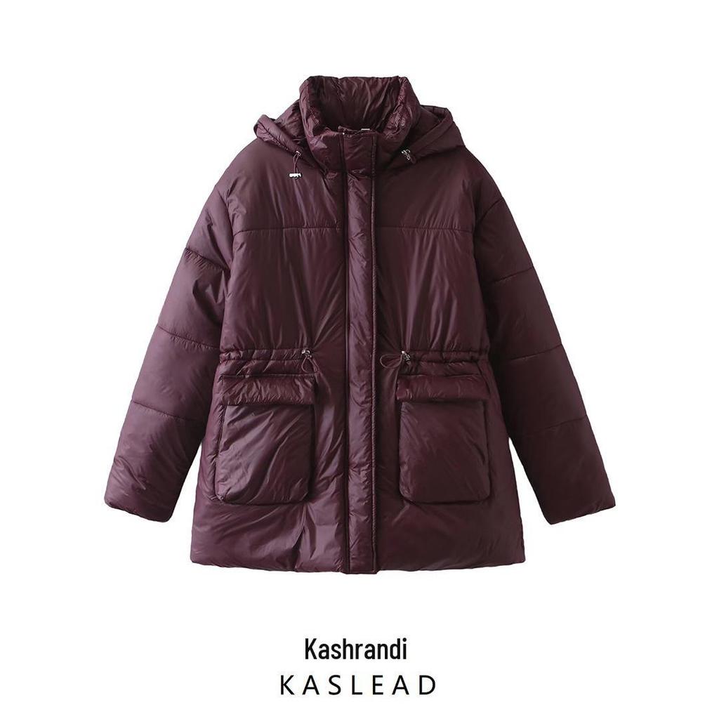 2024 Women's Wine Red Hooded Cotton Coat: European & American Style, Versatile & Fashionable Winter Wear