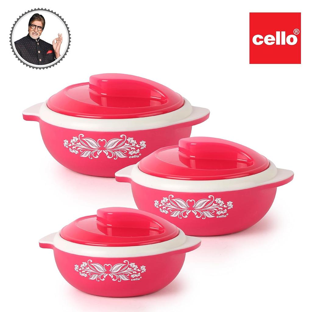 Isoliertes Stahl-Kasserolenset zur Aufbewahrung heißer und kalter Speisen mit Drehverschlussdeckel und leicht zu greifendem Griff, elegante rosa Servierschüsseln