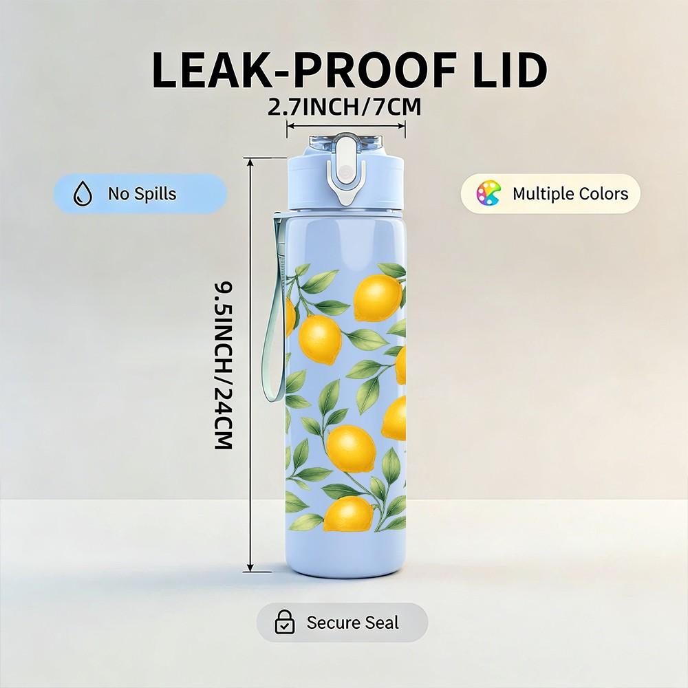 1PC Fresh Yellow Lemon Fruit Pattern Print 750ml Color Plastic Sports Water Bottle Leakproof Flip Straw Lid Suitable for Sports Office Home Use