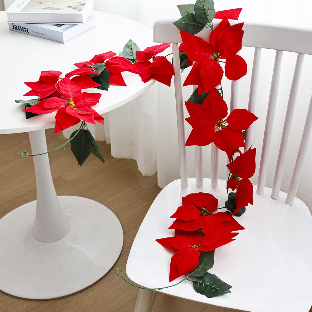 Artificial Christmas Flower Vine: 2m Green Leaf & Red Flower Door/Wall Hanging Ornaments