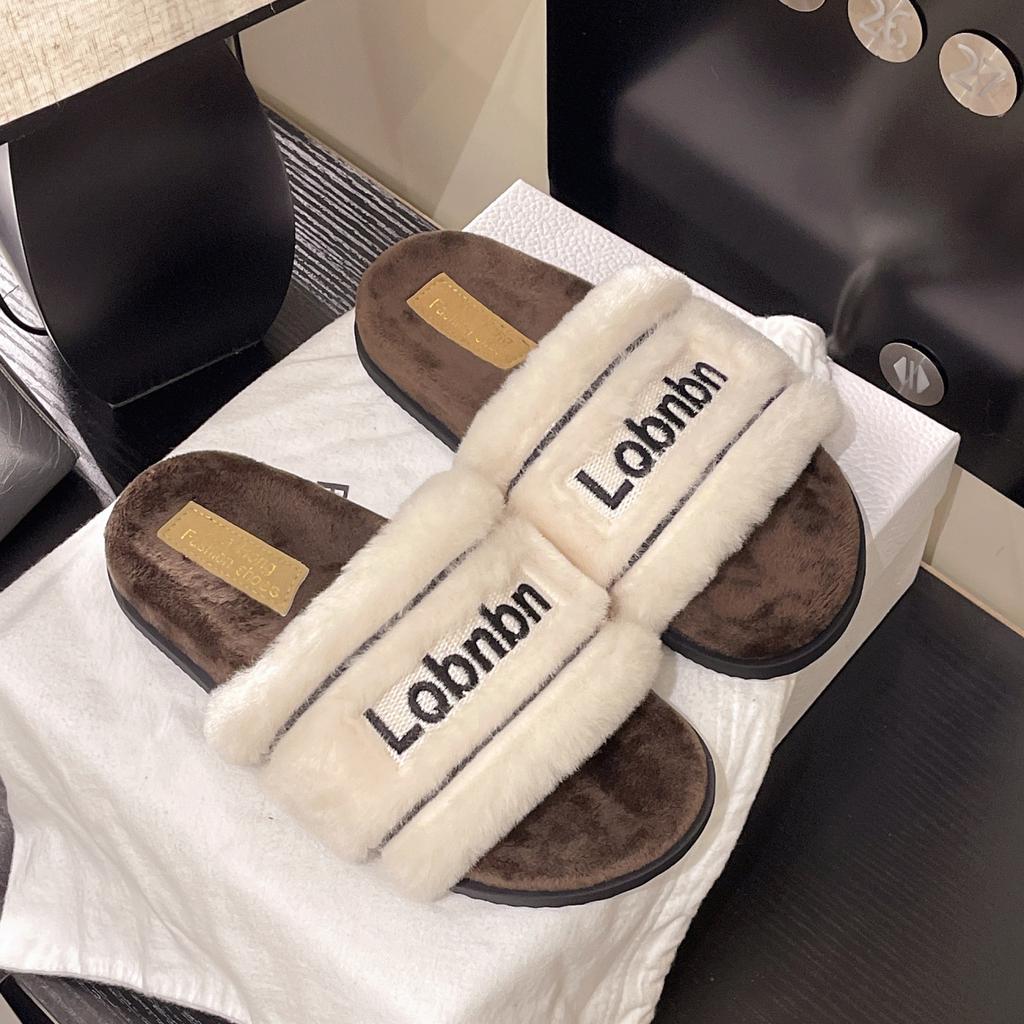 One-word Open-toed Fluffy Slippers for Women, New Autumn and Winter Letters, Round Head, Comfortable and Versatile Flat-bottomed Slippers for Women