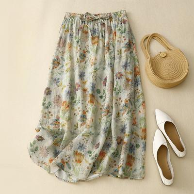 Double-layer Floral Skirt Women's Literary and Artistic Thin Summer Temperament Cotton and Linen Lined Skirt