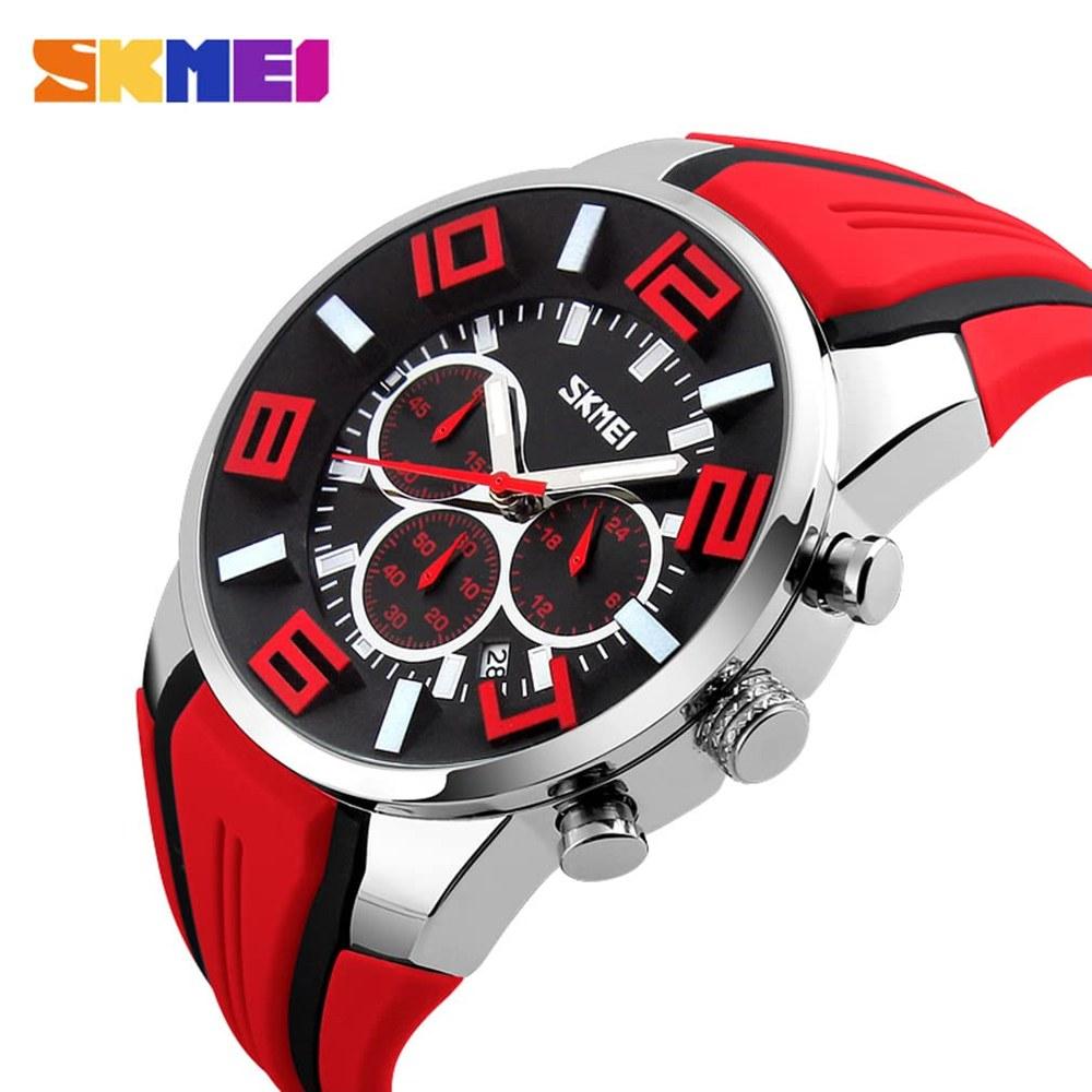 SKMEI Men's Silicone Casual Sports Watch Big Face Waterproof Chronograph Analog Luminous Date High-End Gift Red