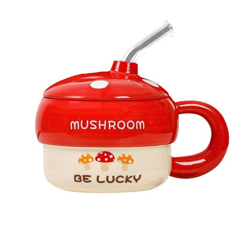 Creative Personality Cartoon Mushroom Straw Cup Ceramic High Value Gift Mug Household Drinking Water Cup Internet Celebrity Cup
