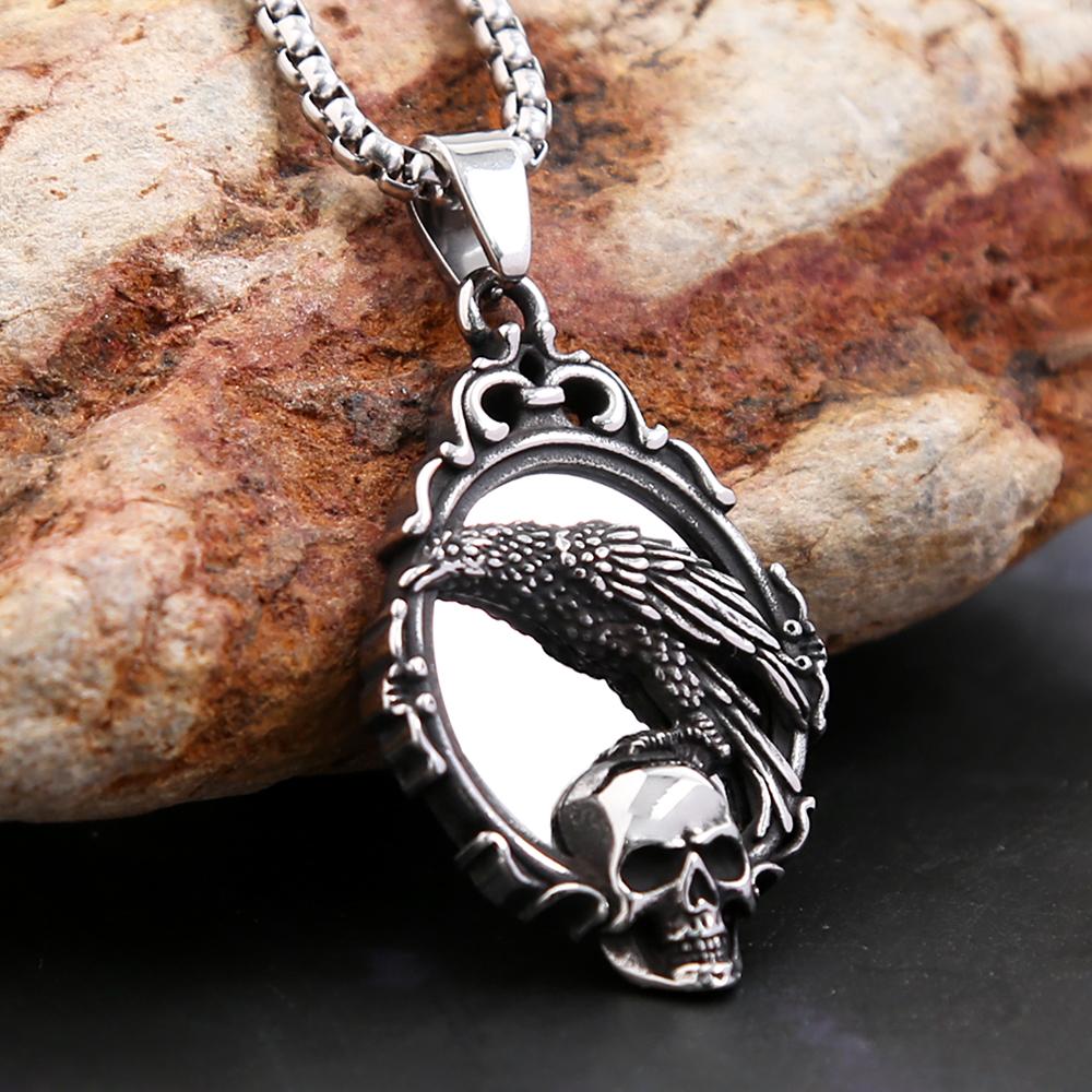 Retro-Style Skull And Mirror Pendant Necklace, A Unisex Punk-Inspired Stainless Steel Crow Necklace, Amulet Jewelry.