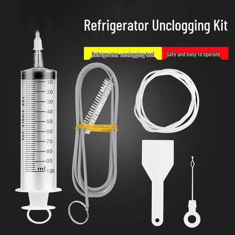 Refrigerator Drain Cleaning Set - 5-Piece: 1.5m Bristle Brush, Compartment Unclogger Tool, and Syringe Barrel.