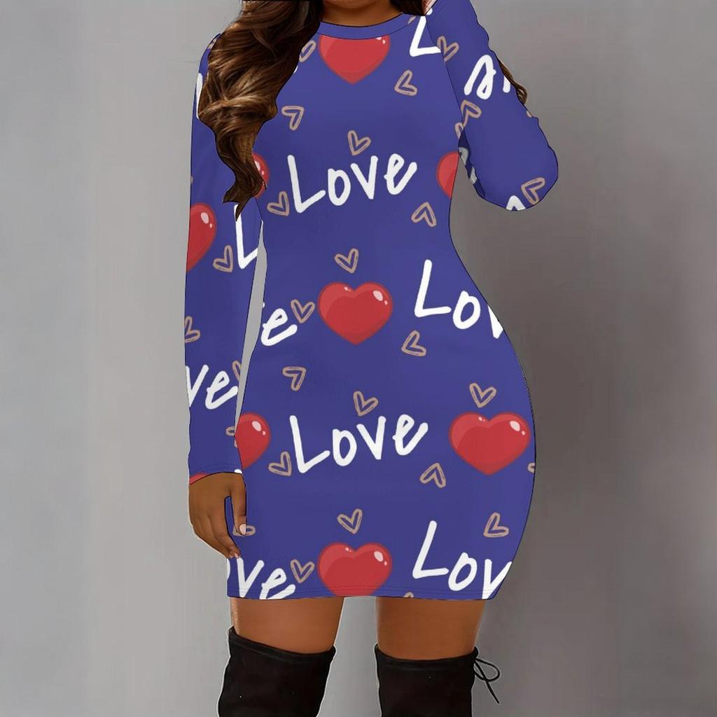 2025 Autumn and Winter New 3D Love Pattern Print and Dyeing Women's Fashion Long-sleeved Round Neck Hip-wrapped Dress Valentine's Day Limited