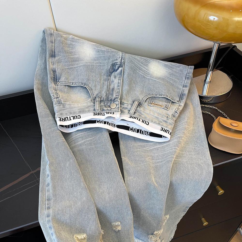 Vintage Ripped Patchwork Jeans für Damen Hohe Taille Gerade Locker Denim Hose Frühling Herbst Weites Bein Hosen