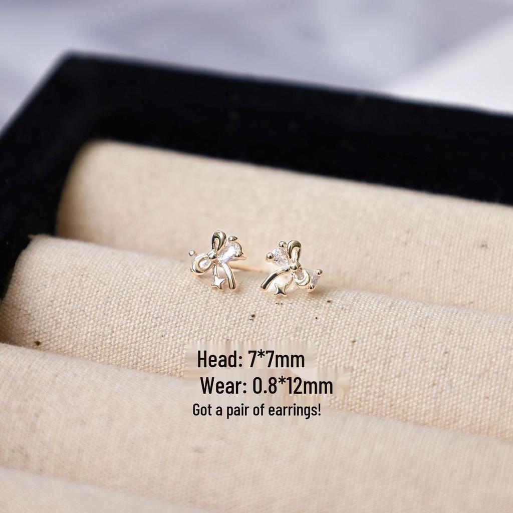 Copper-Plated Gold Bow Earrings with 925 Silver Needle and Flower Diamond Inlay for Women