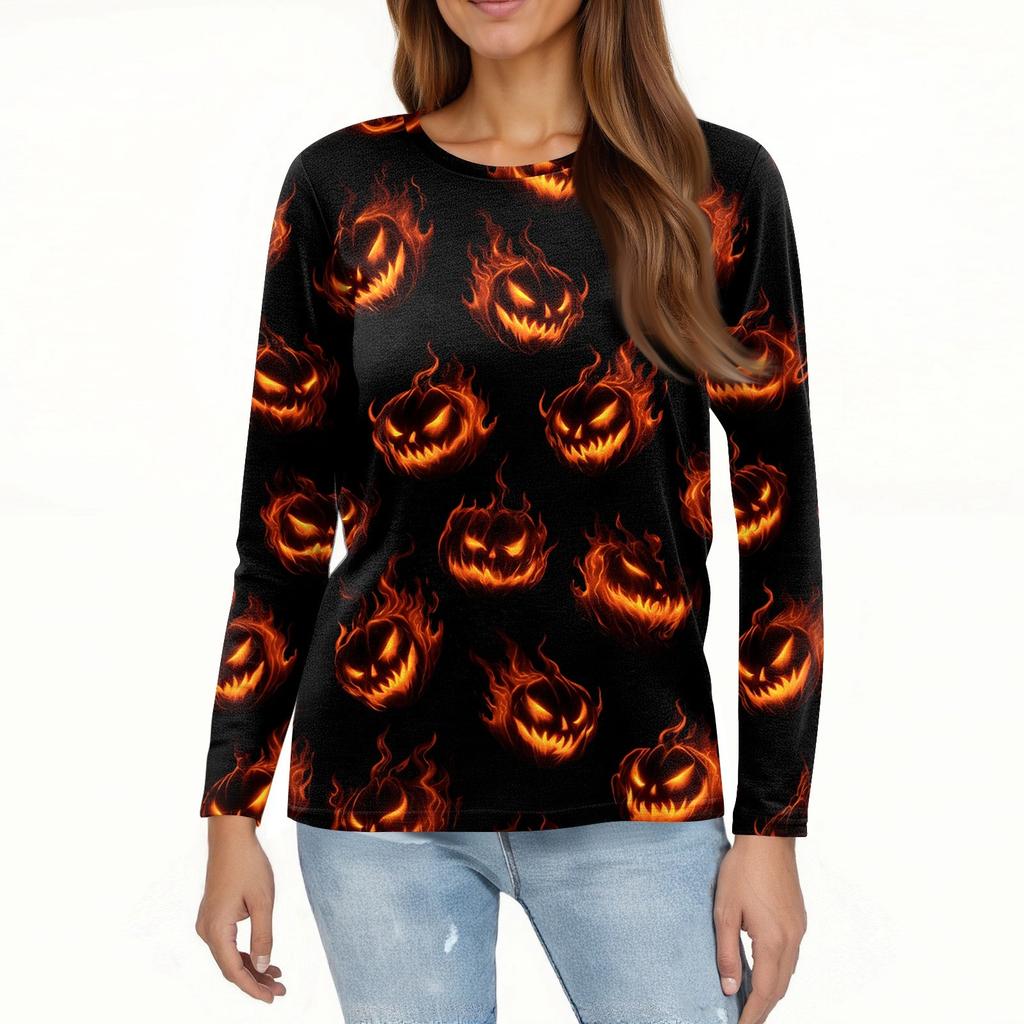 Women's Fashion Casual Long Sleeve Halloween Print Round Neck Top