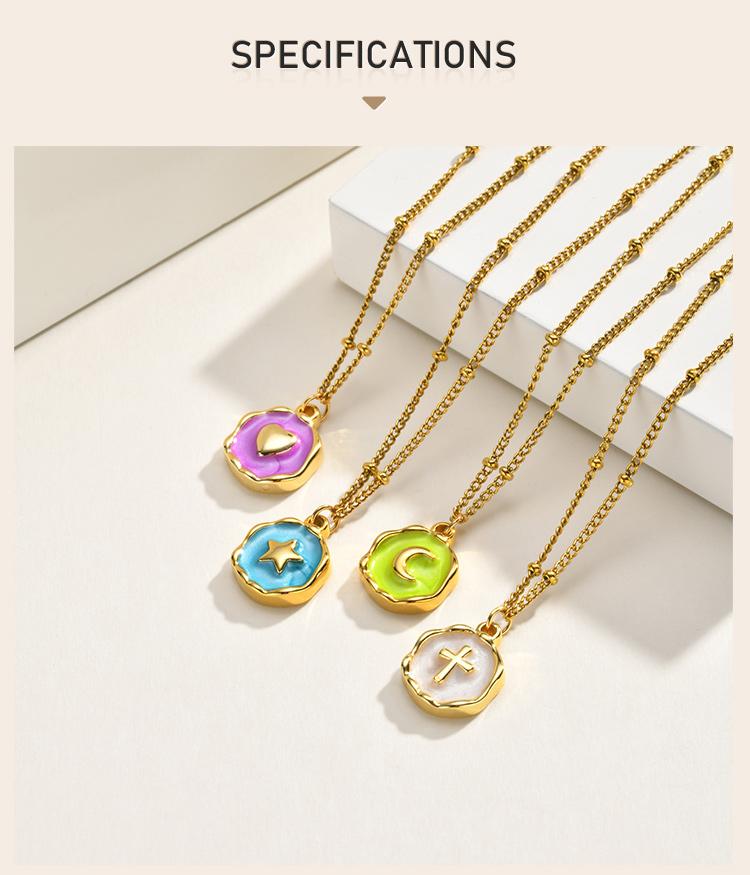 Colorful Enamel Round Pendant Necklace, Star Cross Heart Moon Choker, Stainless Steel Tarnish Resistant Clavicle Jewelry