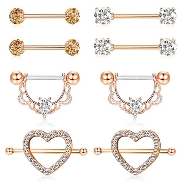 Rosa Herz Brustwarzenpiercing Stange Set Glänzende Kristall Brustwarzenringe Großpackung Für Frauen Blume Brustwarzen Schmuck Packung Piercing Teton Mengen