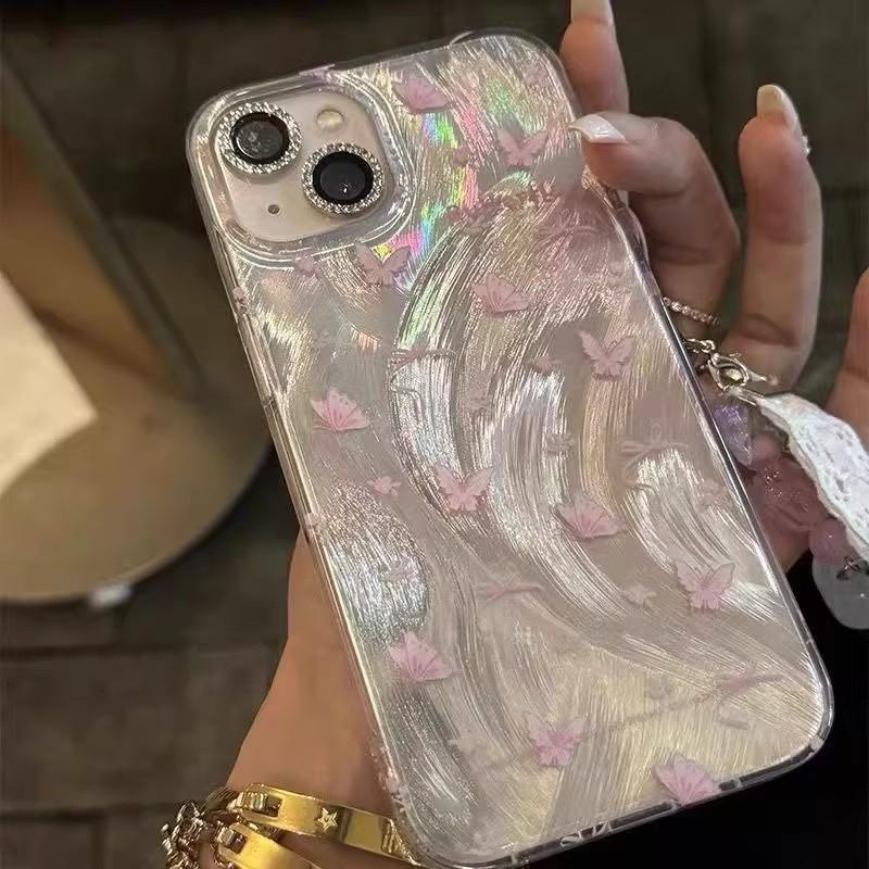Pink butterfly feather pendant mobile phone case for iPhone17ProMax Apple 16/15/14 anti-drop soft case