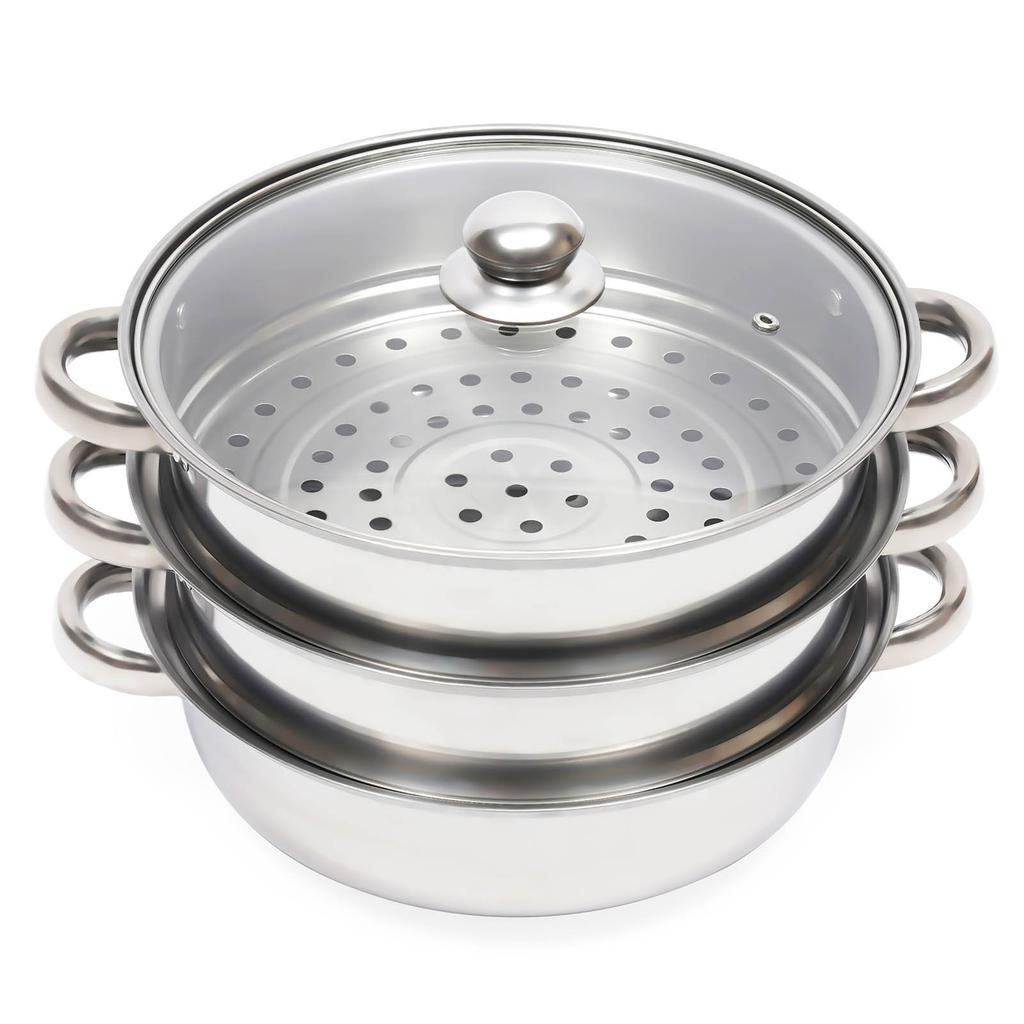 3 Tier Steamer Hot Pot Stainless Steel Cooker Steam Pot Food Cooking + Glass Lid Nutrition and Health  for Gas, Electric Silver