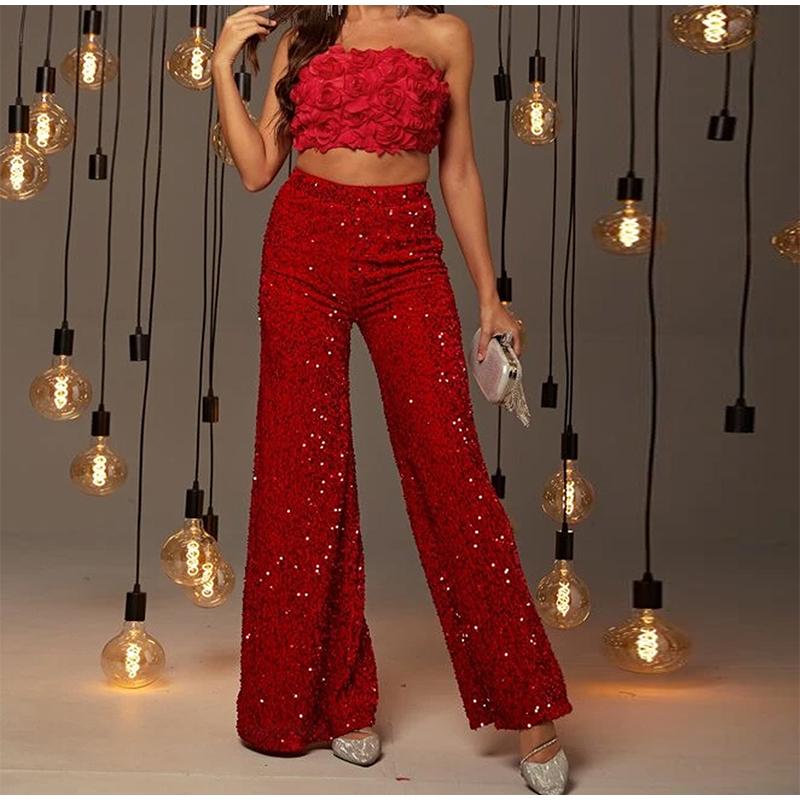 Sexy Women Nightclub Elastic High Waist Casual Loose Wide Leg Glitter Sequin Bell Bottom Pants 2025 New Female Party Trousers