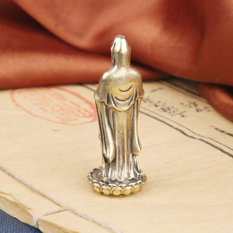Vintage Brass Nanhai Guanyin Sculpture Buddha Portable Bodhisattva Bronze Religious Offering God Statue Old