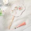 Handmade Embroidery Ancient Style Long Handle Fan Classical Pearl Tassel Flower Shape Fan Vintage Elegant Dancing Fan Travel