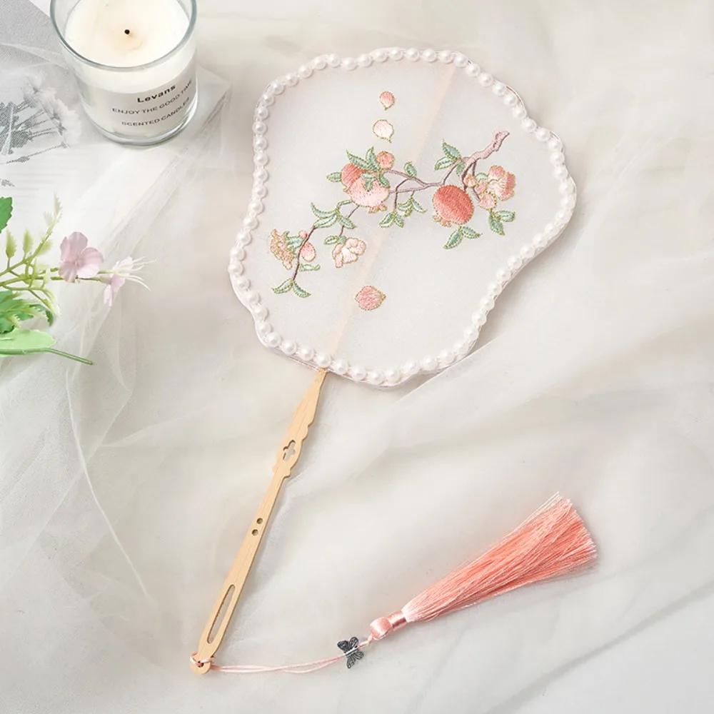 Handmade Embroidery Ancient Style Long Handle Fan Classical Pearl Tassel Flower Shape Fan Vintage Elegant Dancing Fan Travel