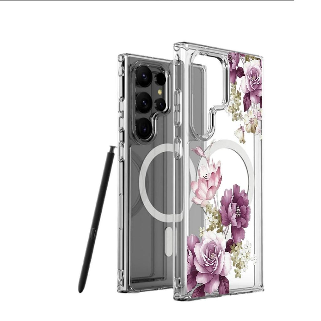 Purple Flower Magnetic Case for iPhone 15/16/17 Pro Max - Transparent Full Coverage