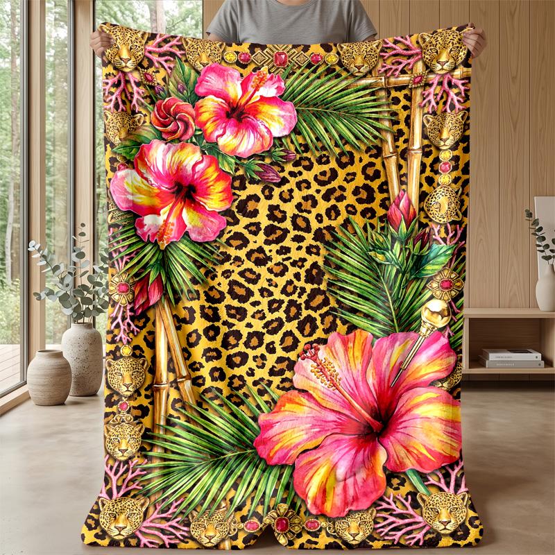 Leopard and Floral Fusion 3 Theme blanket Lightweight Warm Flannel Blanket Decorative Throw Blanket for Home Decoration