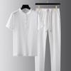 Plain Man Trousers Sets Linen T-shirts Pants Suits for Men Loose Tee Stretch Novelty In Regular Fit Casual Basic