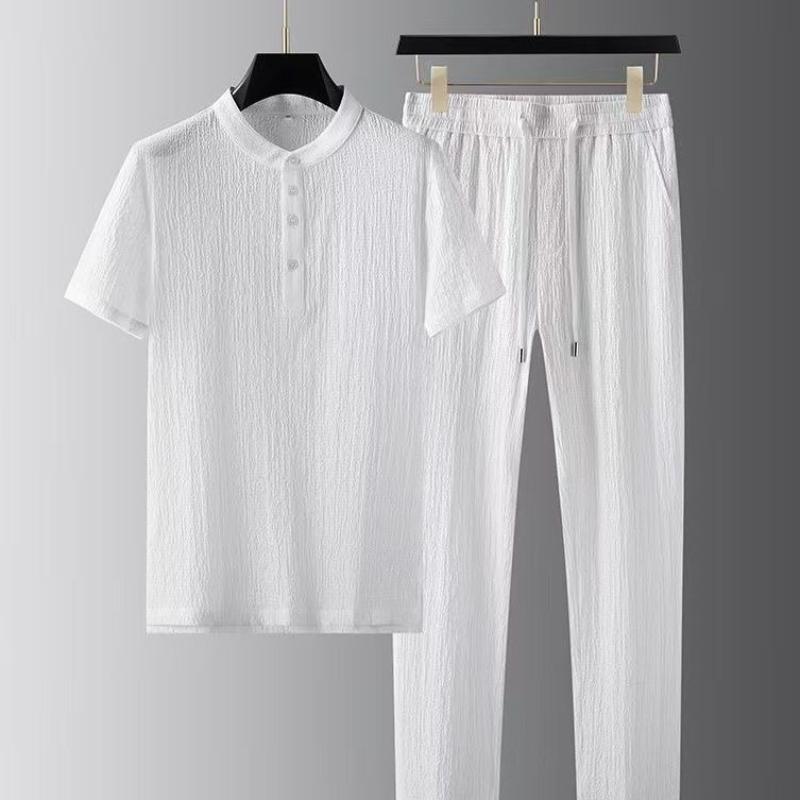 Plain Man Trousers Sets Linen T-shirts Pants Suits for Men Loose Tee Stretch Novelty In Regular Fit Casual Basic