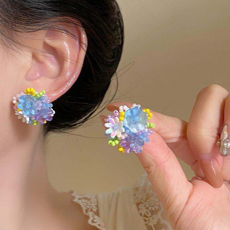 Embroidered Ball Flower Stud Earrings with Contrasting Resin for Stylish Women; Sweet Fashion Ear Jewelry