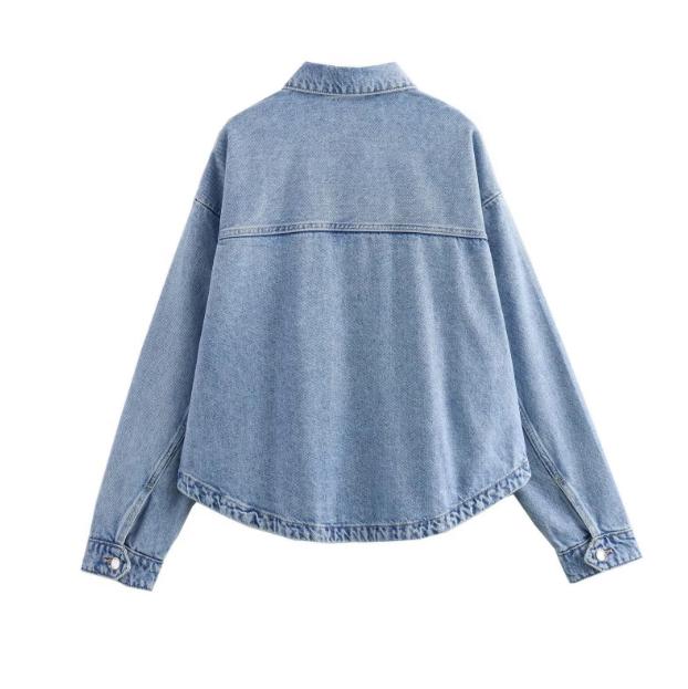 Women's Spring and Autumn Loose Casual Lapel Denim Jacket Solid Color Long Sleeve Tops