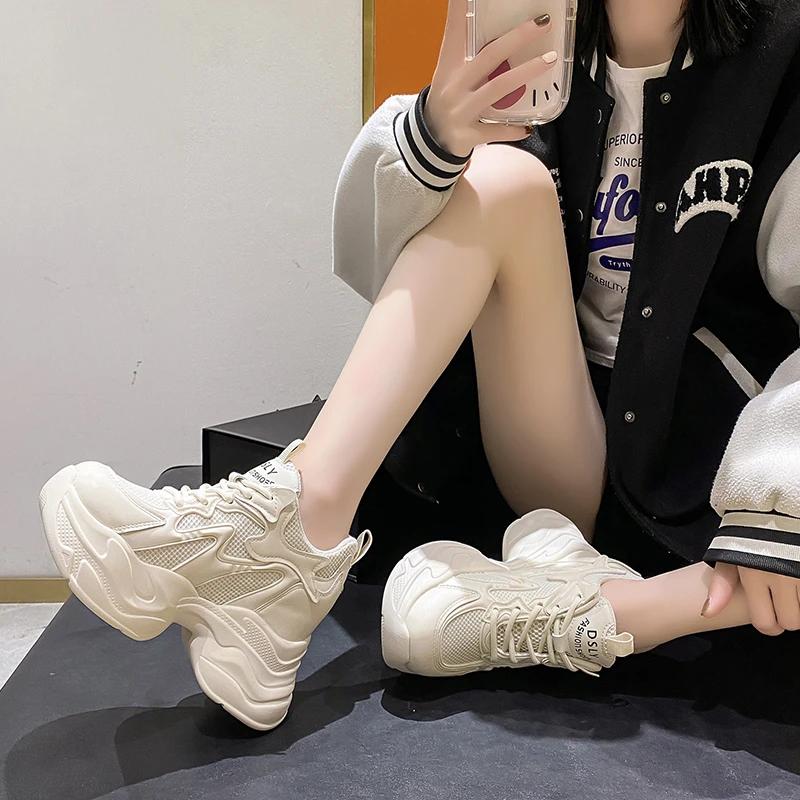 Fashion Women Spring Non-slip Chunky Sneakers Thick Bottom Female Casual Dad Shoe Lace Up 10CM High Platform Vulcanized Shoes Woman