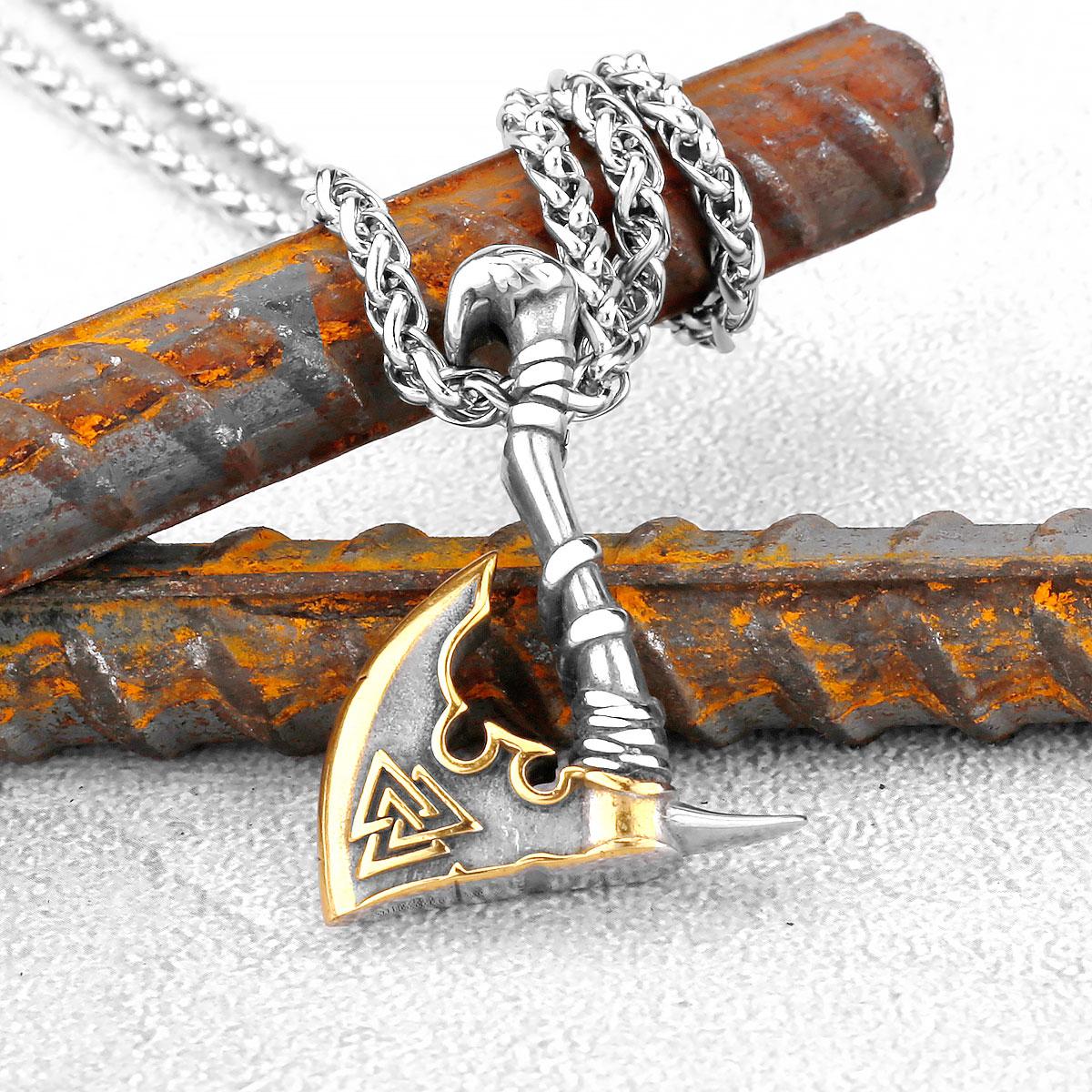 Men Vikings Axe Necklace Gold Never Fade Norse Rune Thor Hammer Mjolnir Amulet Stainless Steel Jewelry Pendant