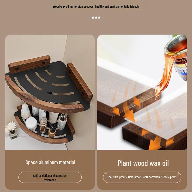 Solid Wood Corner Bathroom Shelf - No-Drill Triangle Storage for Washbasin & Shower Gel