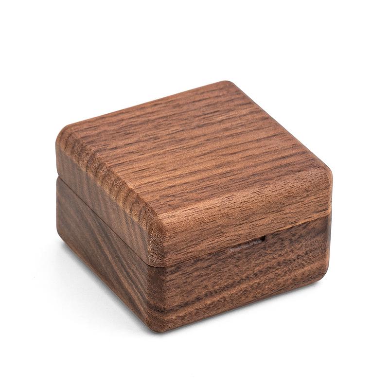 In-Stock Walnut Wood Double Engagement Ring Box - Solid Mini Jewelry Box with Engraved Pattern