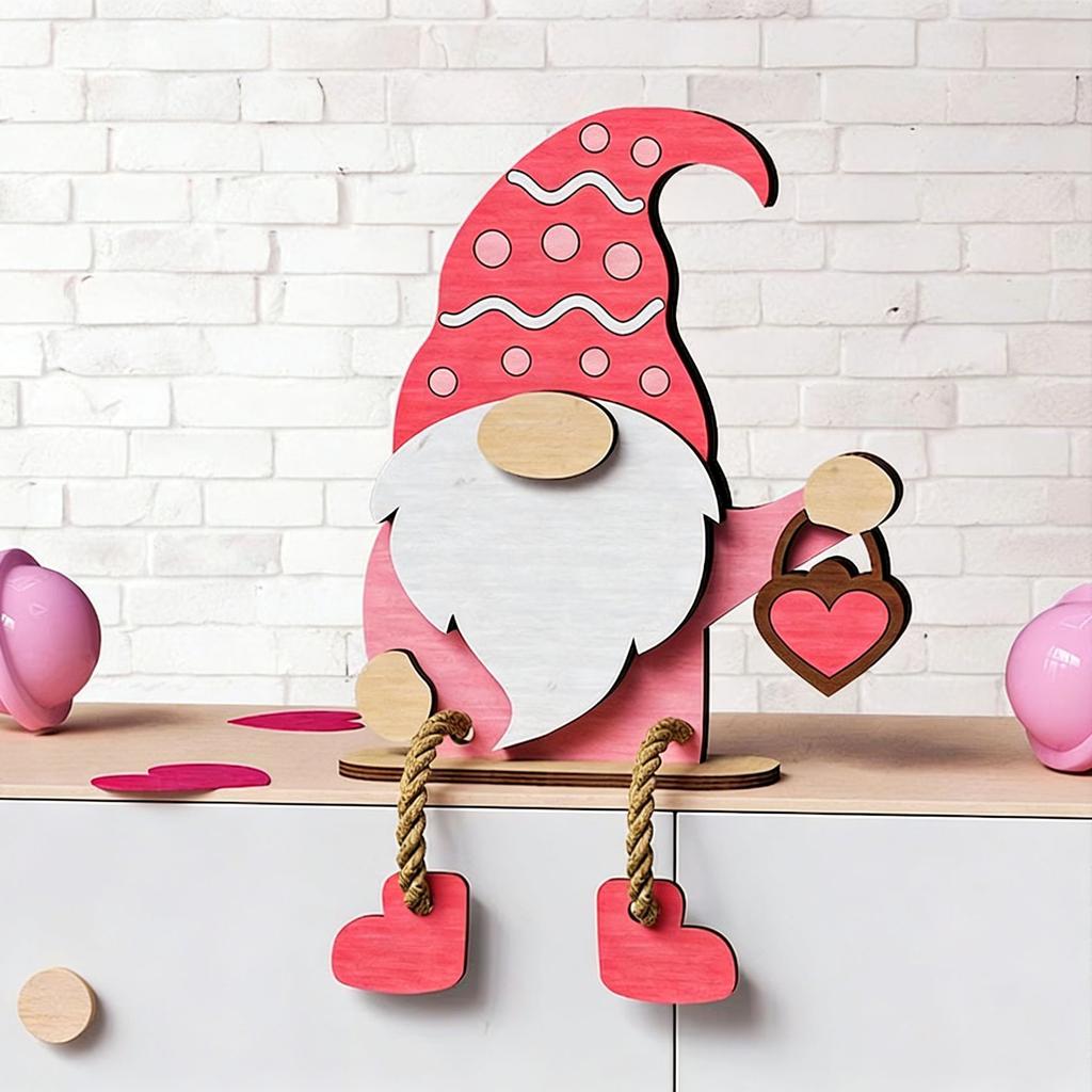 Wooden Pink Red Valentines Gnome Sign Tabletop Centerpiece Romantic Valentines Gnome Ornament for Wedding Home Tiered Tray Decor