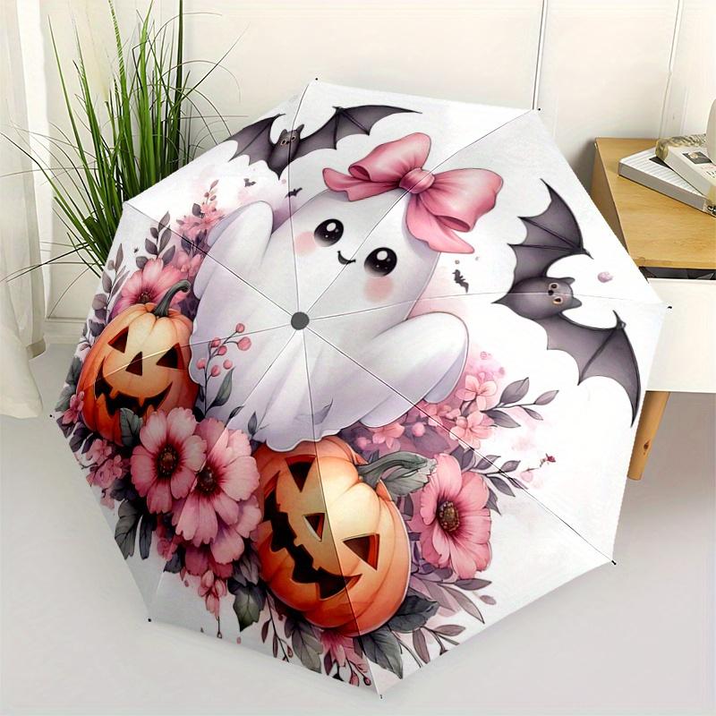 

1pc Pretty Ghost Pumpkin Flower Halloween Design Automatic 3-Fold Umbrella Design, Cute Cartoon Pattern, Portable Outdoor Umbrella, Perfect,