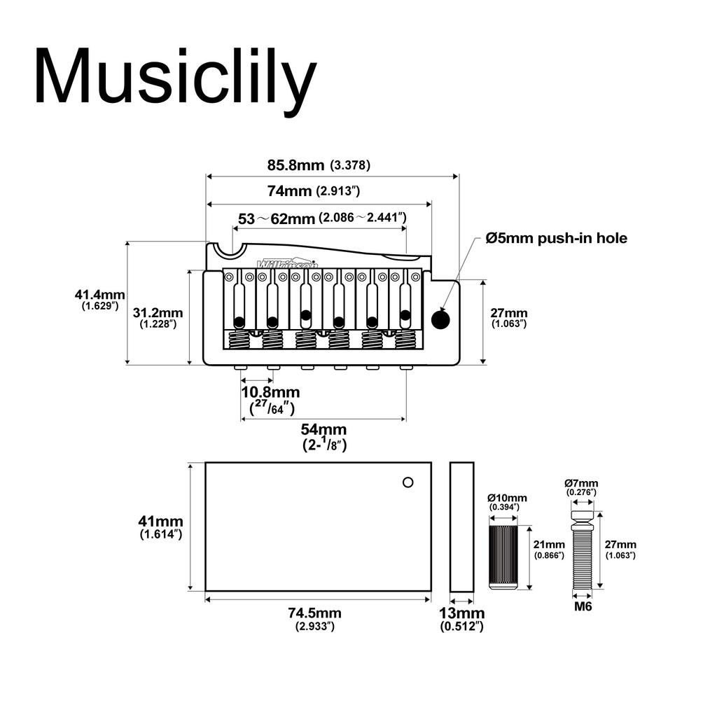 Wilkinson Tremolo Bridge Unit with Stainless Steel Saddles and Full Steel Block for Strat Chrome WVP-SB 10.8mm Two-Piece Imported/Japanese Guitars,