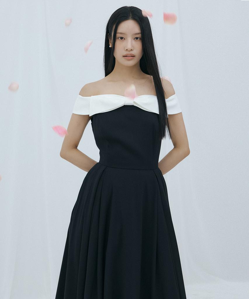 Lucirju Ribbon Trim Off-Shoulder Dress (Black)