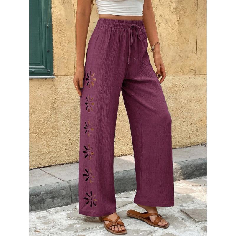 Bohemian Side Hollow Out Embroidery Elastic Waist Loose Wide Leg Long Pants