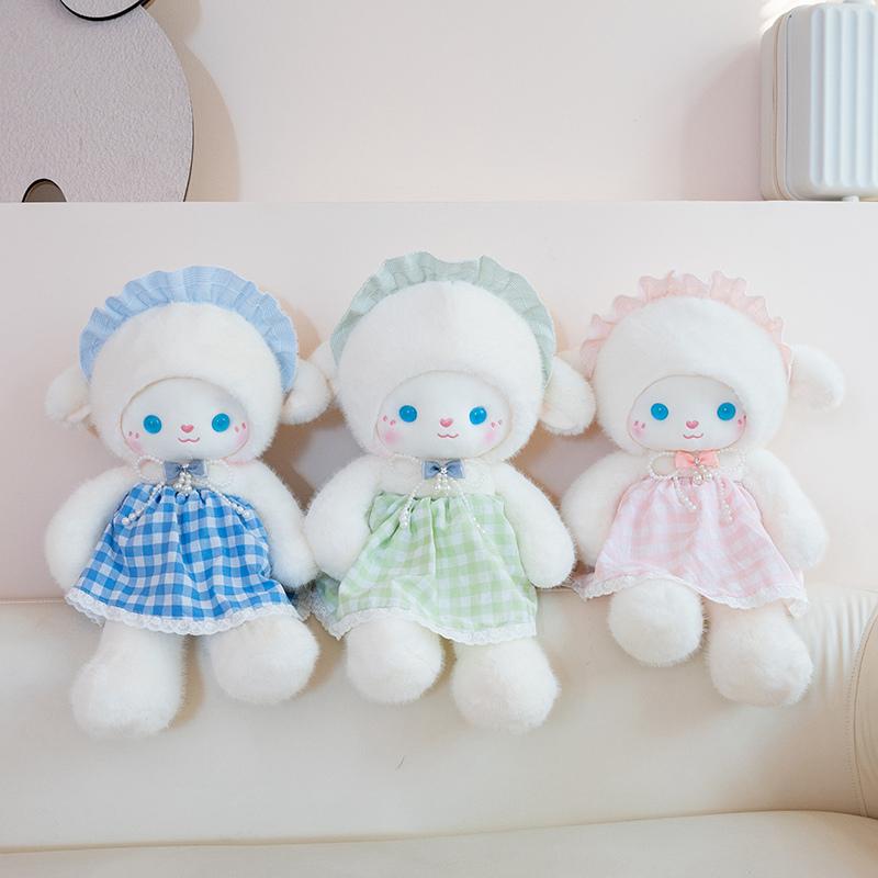 Adorable Plush Sheep Pair With Gingham Bonnets And Dresses Pink Green Soft Stuffed Kawaii Lamb Doll Room Creative Cozy