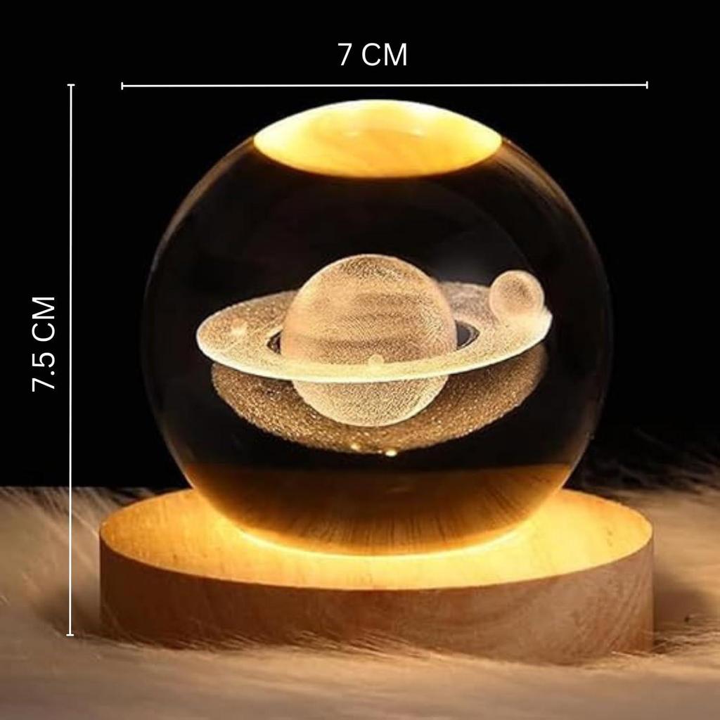 Saturn Crystal Globe Lamp | Engraved Crystal Ball Night Light with Wooden Base | USB LED Table Lamp for Bedroom, Office, Home Decor & Gift Purpose