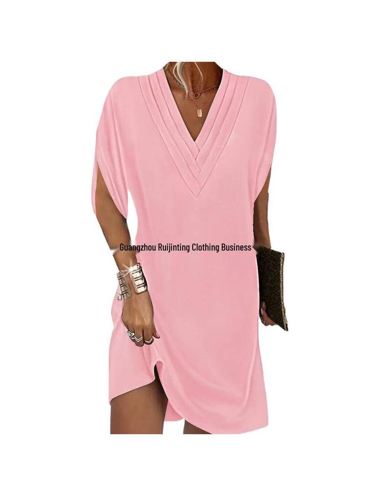 2024 V-Neck Pleated Bat Sleeve Dress for Women - Spring/Summer Collection
