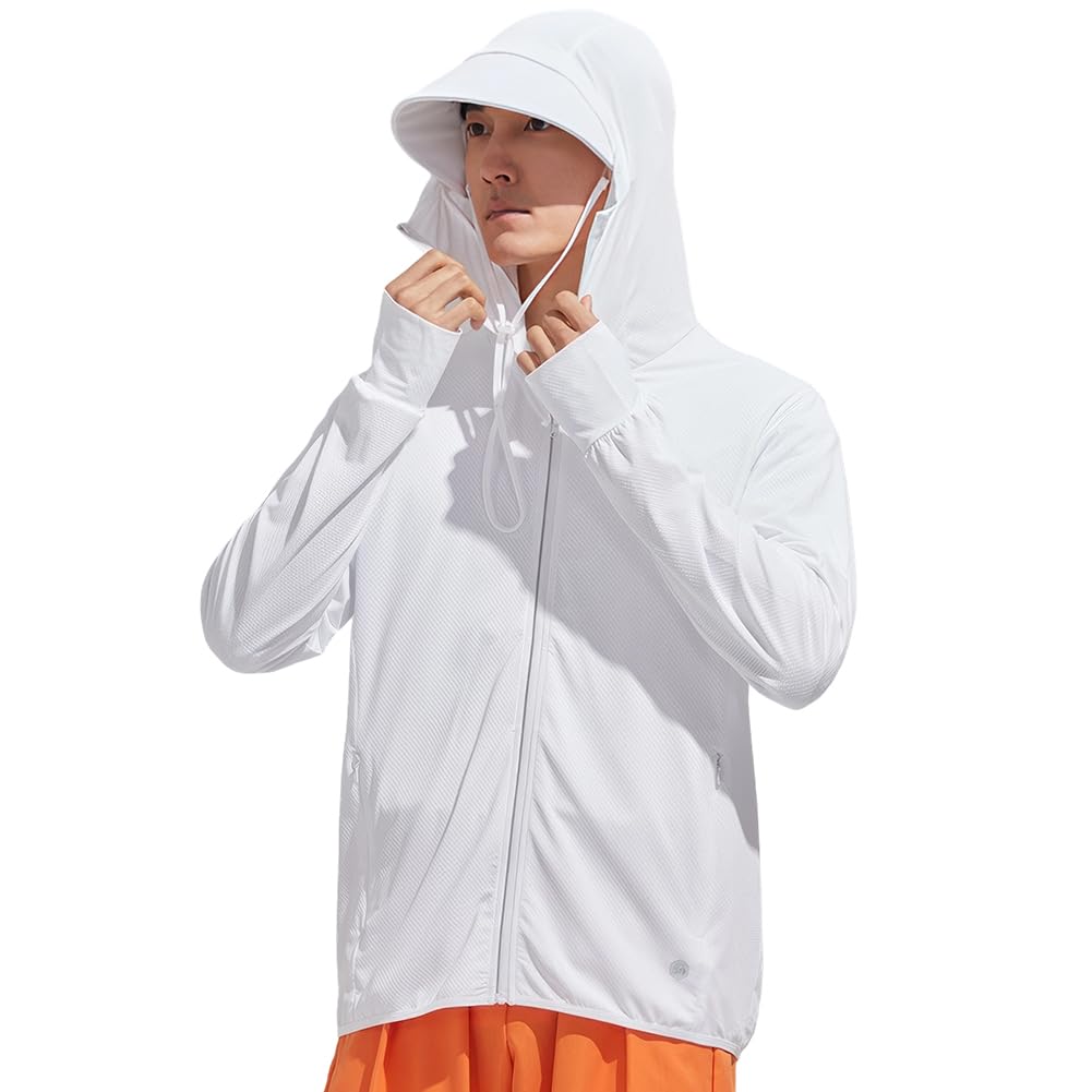 DMFU Men's Rash Guard, Long Sleeve, UV Protection, Cooling Touch, UPF 50+, Summer, Hooded, Lightweight, Breathable, Solid Color