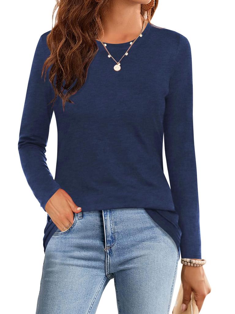 2024 Women's Casual Solid Color Long-Sleeve Round Neck T-Shirt - European & American Fashion Autumn Edition