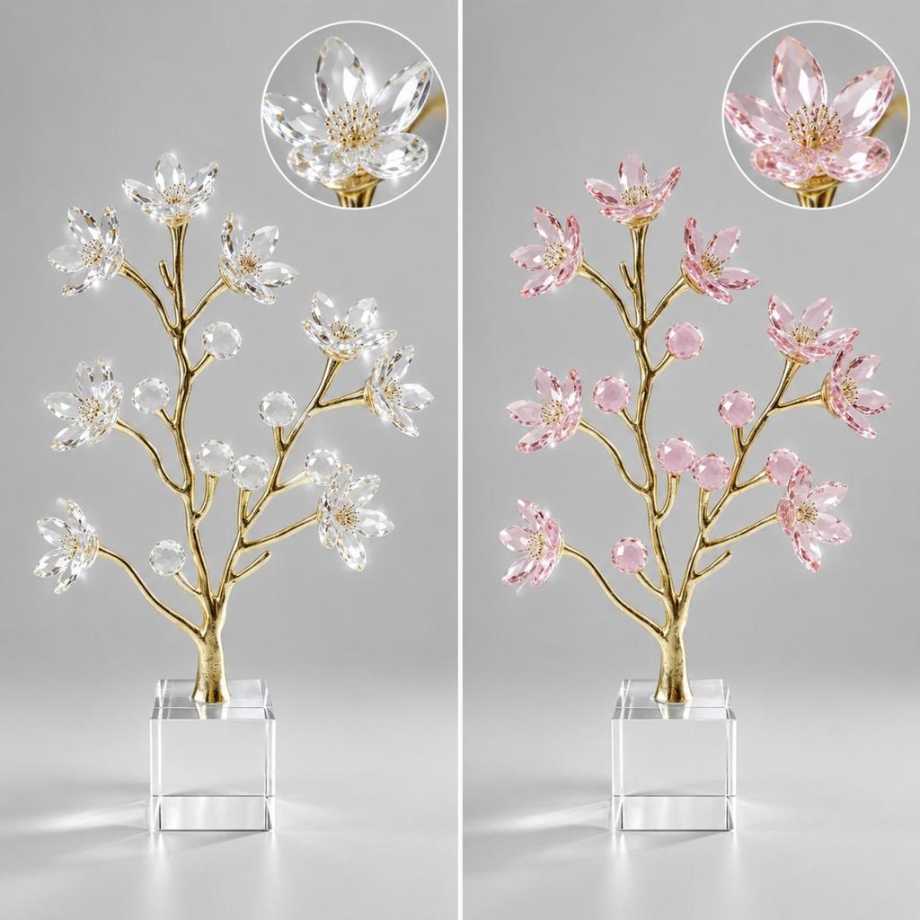 Crystal Blossom Tree Presentable Gold-Tone Metal with Square Base