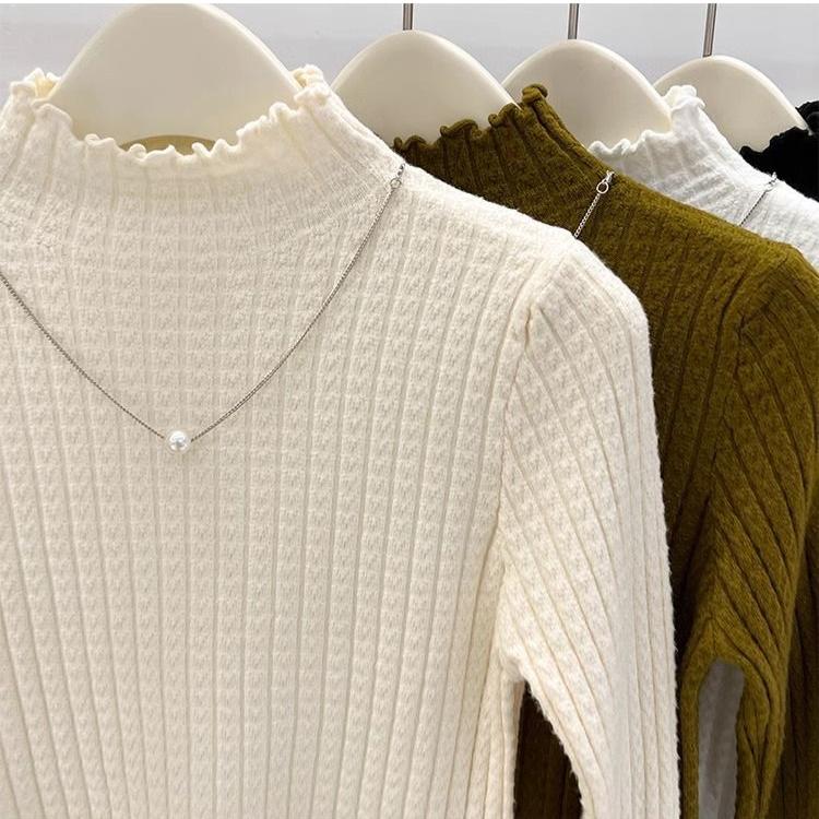 Half-high Collar Wooden Ear Knitted Shirt Autumn and Winter Pure Color Purlin Sweater Slimbase Inner Top