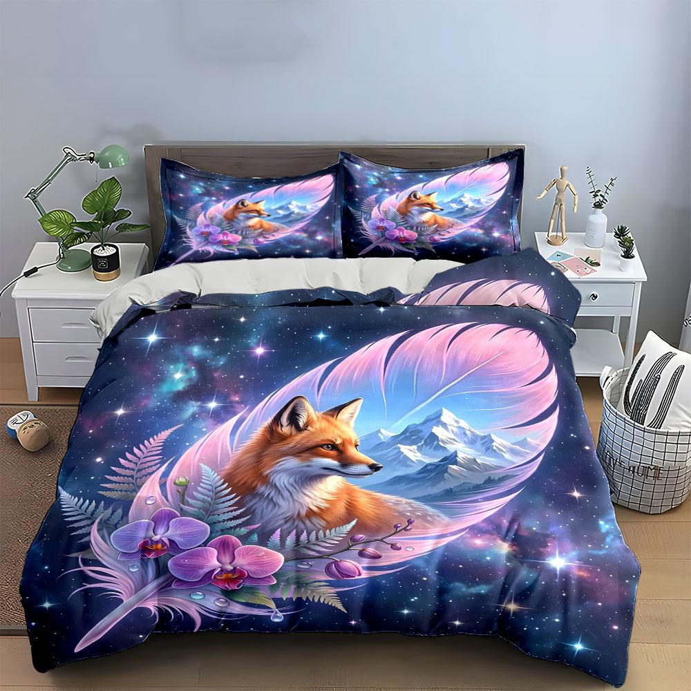 Fox and Mountain Feather Art Bedding Duvet Cover Set  (1*Duvet Cover 2*Pillowcases, Without Duvet Insert)