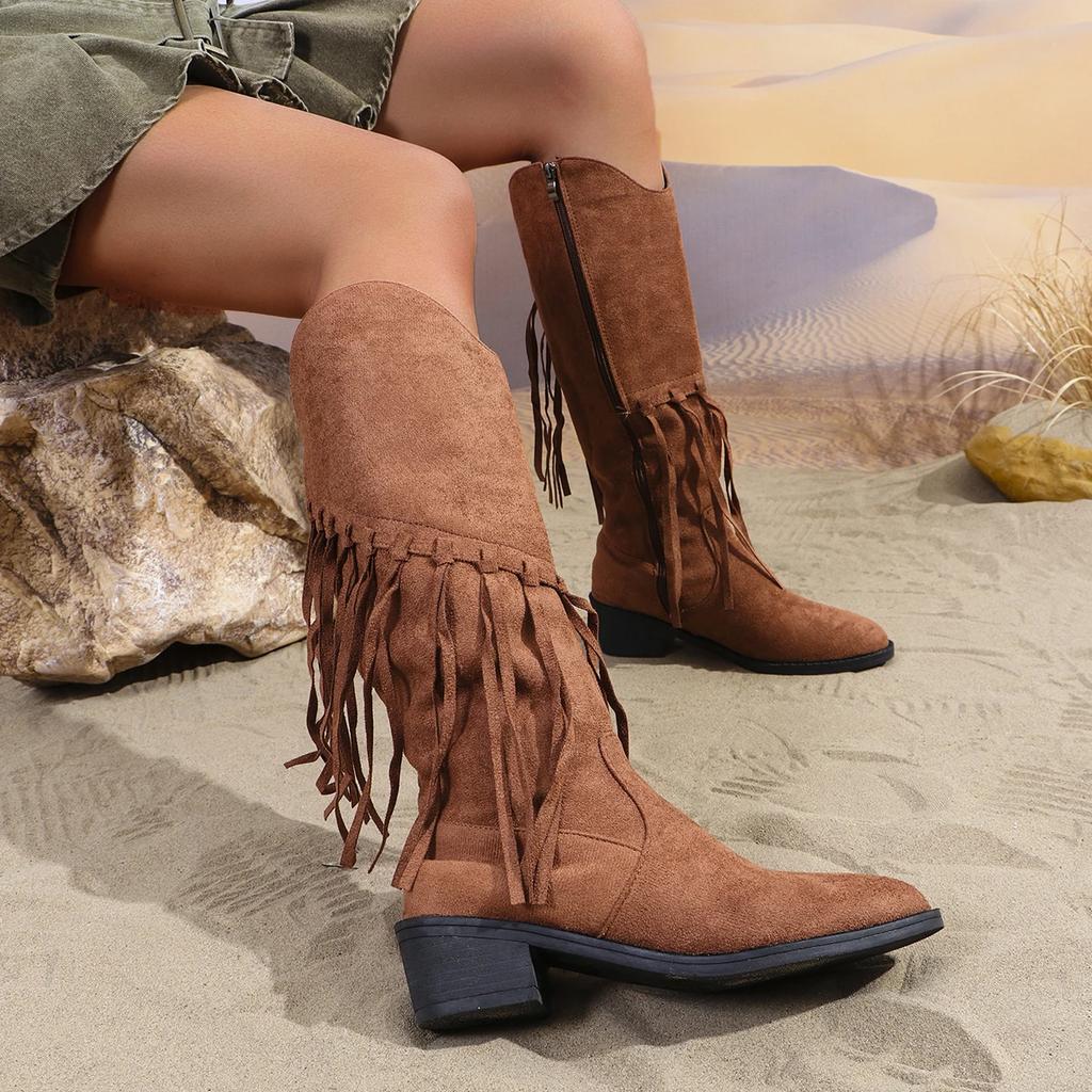 Fashion Women Shoes Bohemian Outdoor Mid-calf Boots Women 2024 New Winter Fashion Faux Suede Ethnic Tassel Woman Boots Botas De Mujer