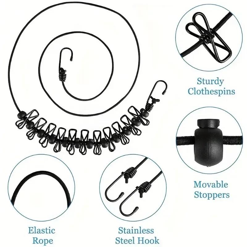 Portable Clothesline with 12 Clips Elastic Retractable Laundry Drying Rope Wind-Proof Clothes Hanging Line for Outdoor